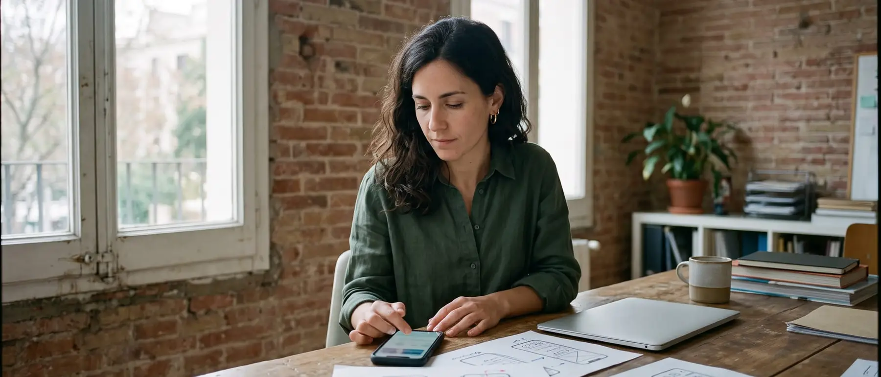 Una fundadora revisa en el móvil el prototipo de su app junto a bocetos en papel de las pantallas