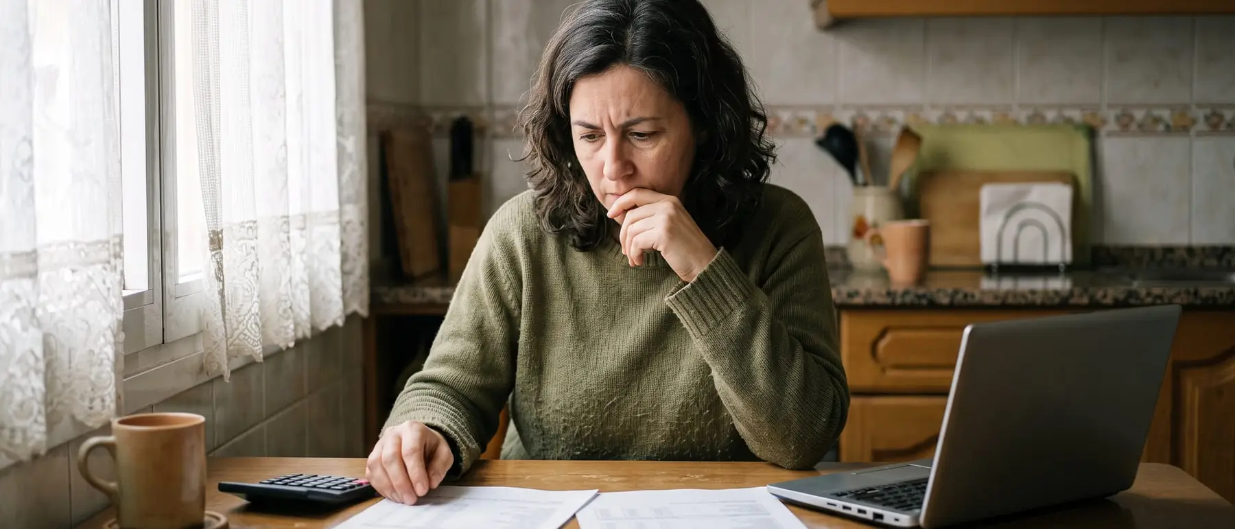 Una fundadora compara dos presupuestos impresos en la mesa de su cocina, con una calculadora y un portátil