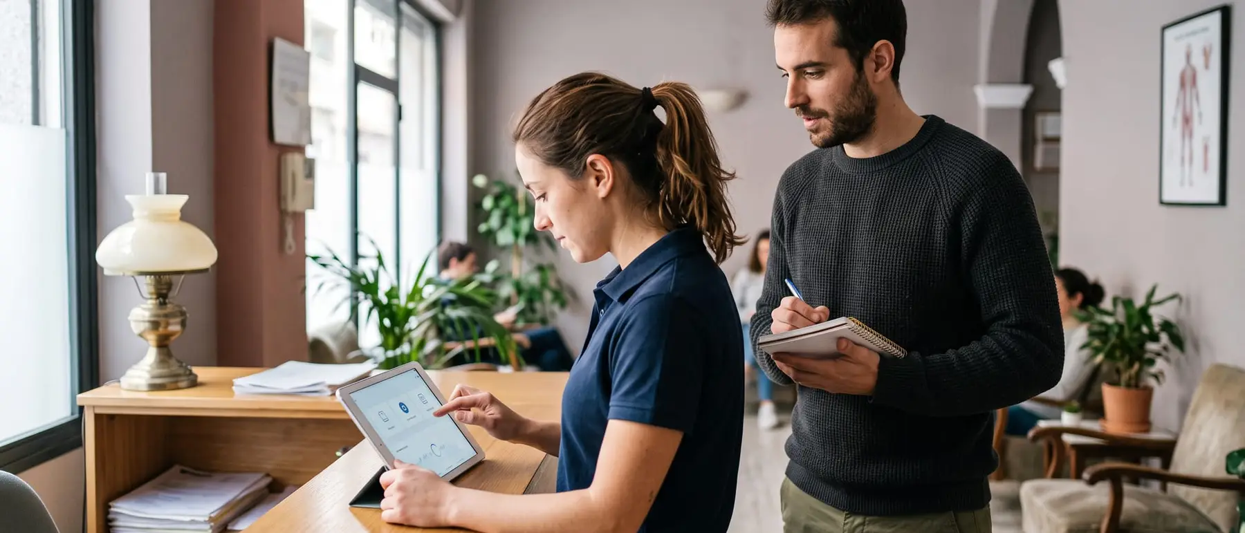 Una fisioterapeuta prueba en una tableta la primera versión de una app en la recepción de su clínica mientras el fundador toma notas