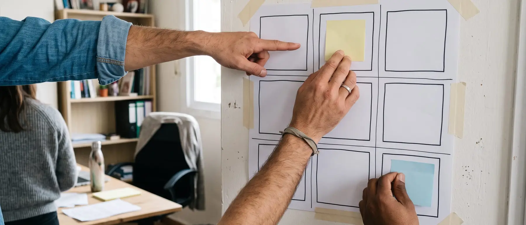 Varias manos colocan notas adhesivas sobre un lienzo de bloques impreso y pegado en la pared