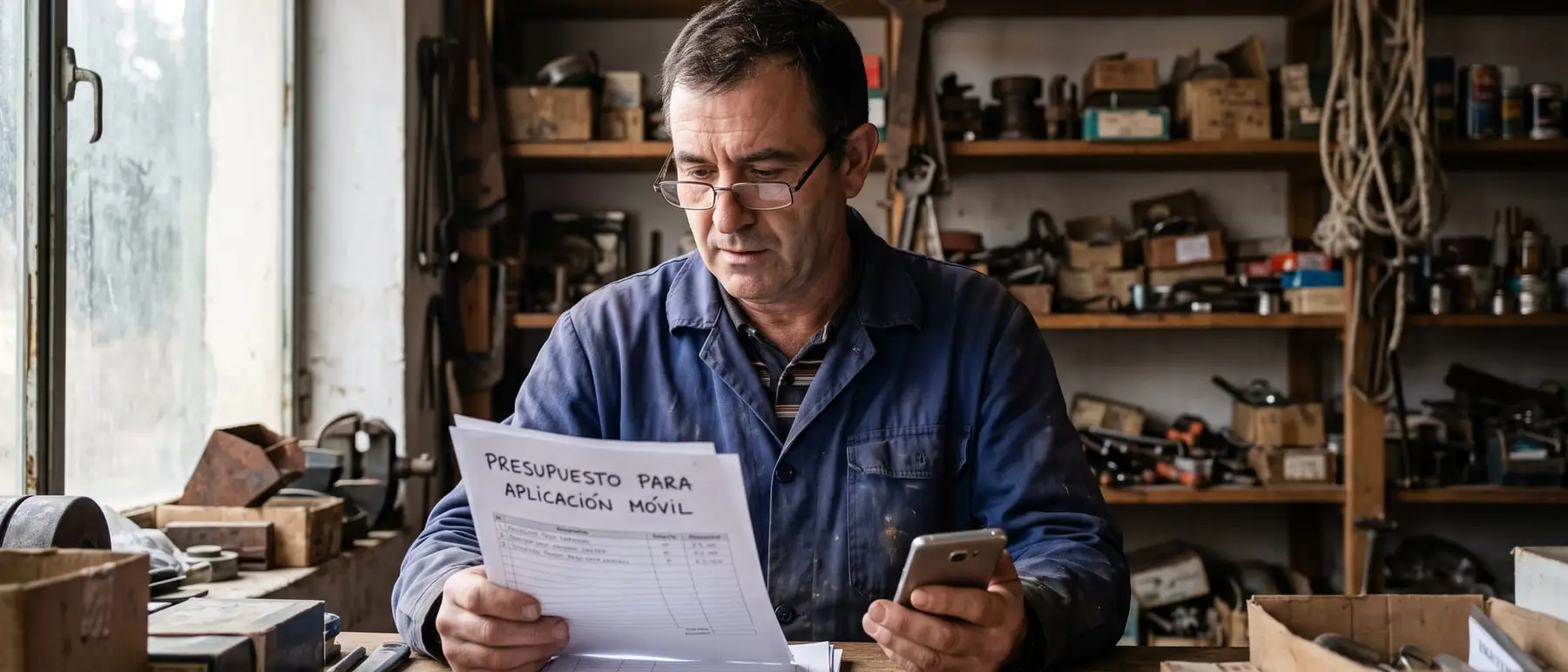 El dueño de una ferretería revisa en el mostrador un presupuesto para una aplicación móvil con el teléfono en la mano